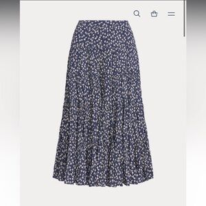 Polo Ralph Lauren Midi Skirt Pleated Crinkle Tiered Floral Size 12 Navy Blue